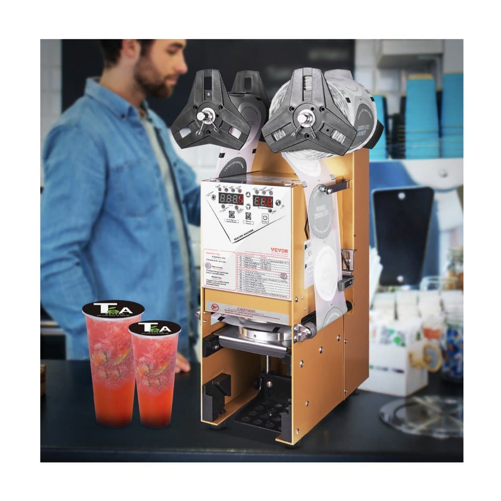 Plně automatický stroj na těsnění kelímků, 500–650 kelímků/h, pro kelímky výšky 180 mm a průměru 90/95 mm, elektrický těsnící stroj pro boba čaj s digitálním LCD ovládacím panelem pro bubble tea, kávu, zlato