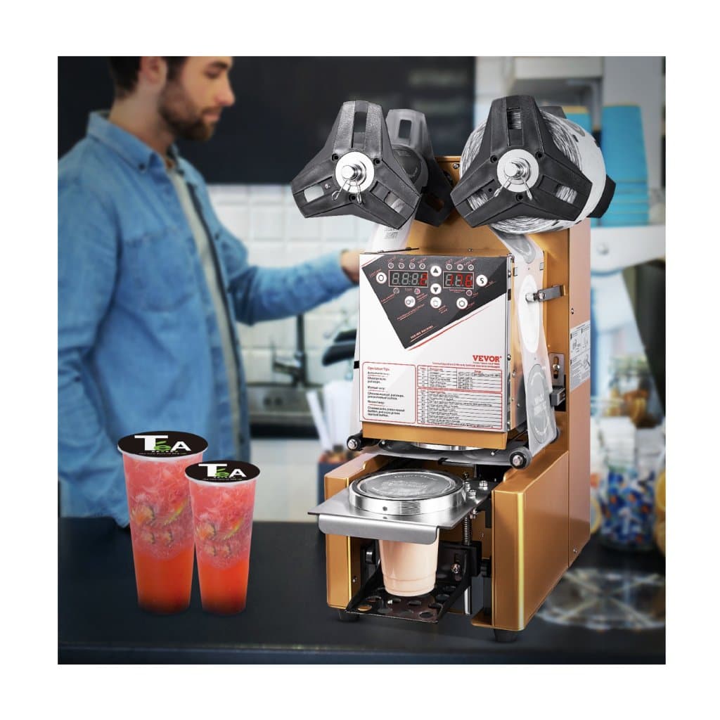 Plně automatický stroj na těsnění kelímků, 500–650 kelímků/h, pro kelímky výšky 190 mm a průměru 90/95 mm, elektrický těsnící stroj pro boba čaj s digitálním LCD ovládacím panelem pro bubble tea, kávu, zlato