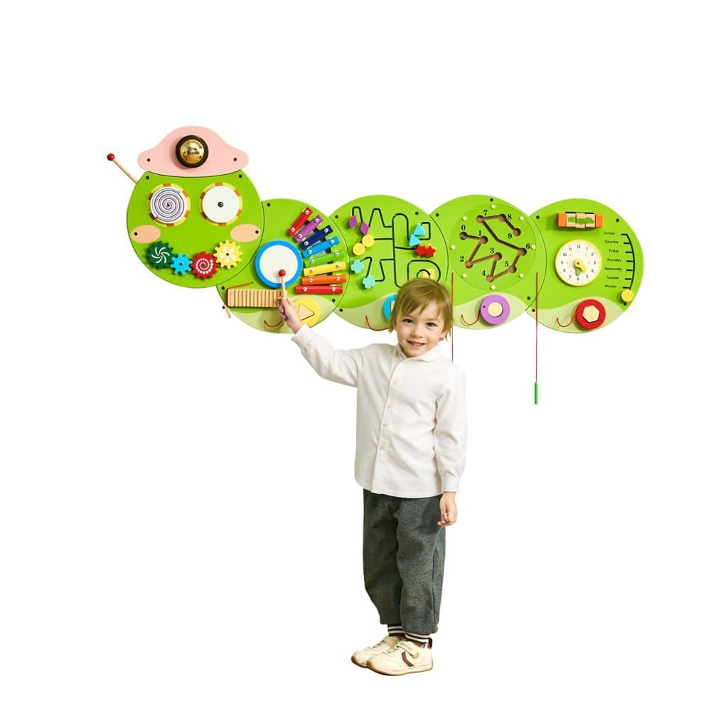 Aktivní stěna housenka, nástěnné panely, 12 aktivit, smyslová nástěnná hračka