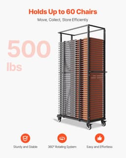 Vozík na 60 skládacích židlí, nosnost 500 liber, kolečka s brzdami - miniatura 6