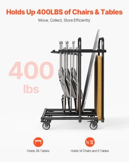 Vozík na skládací židle pro 5 stolů + 14 židlí, 400 liber, s kolečky - miniatura 5