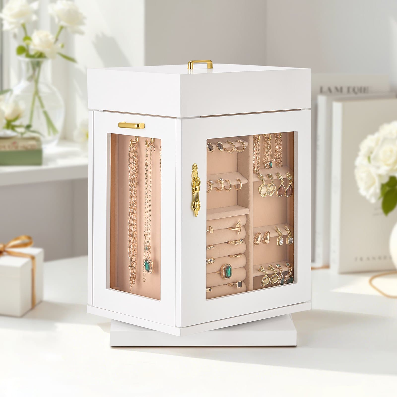 Šperkovnice, otočný organizér na šperky 360° se 4 háčky na náhrdelníky, bílá