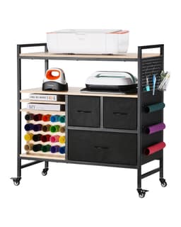 Pojízdný vozík a pracovní stůl pro skladování s 20 držáky na role vinylu, 3 zásuvky, černý - miniatura 2