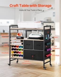 Pojízdný vozík a pracovní stůl pro skladování s 20 držáky na role vinylu, 3 zásuvky, černý - miniatura 6