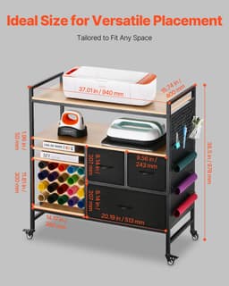 Pojízdný vozík a pracovní stůl pro skladování s 20 držáky na role vinylu, 3 zásuvky, černý - miniatura 7