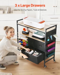 Pojízdný vozík a pracovní stůl pro skladování s 20 držáky na role vinylu, 3 zásuvky, černý - miniatura 8