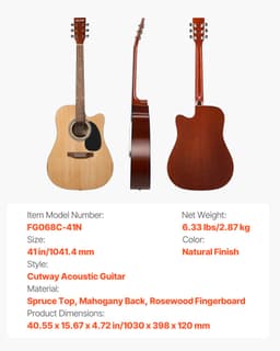 1041,4 mm (41 palců) Cutway akustická kytara Natural začátečnický balíček s pouzdrem pro dospělé - miniatura 11