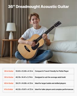 Akustická kytara dreadnought 36 palců / 914,4 mm, přírodní začátečnický balíček s gig bagem pro teenagery - miniatura 7