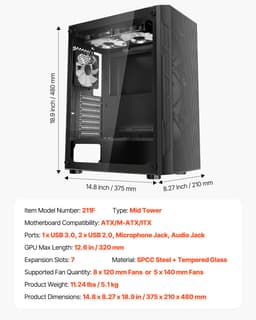 Počítačová skříň ATX Mid-Tower pro hraní se 3 ARGB ventilátory 120 mm - miniatura 11