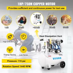 Kompresor vzduchu 20,8 l, přenosný kompresor 1 HP, bezolejový kompresor s ocelovou nádrží 750 W, pancake kompresor 115 PSI, ultratichý kompresor pro domácí opravy, plnění pneumatik - miniatura 7