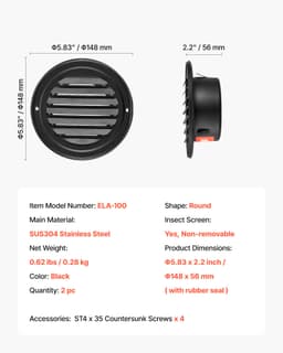 97 mm kulatý kryt stěnového ventilačního otvoru z nerezové oceli, 2 ks, černý - miniatura 11