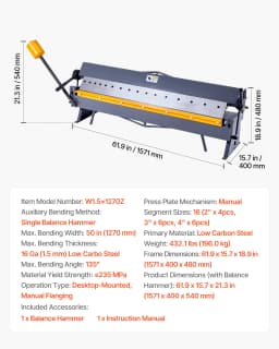 Ohýbačka hran, šířka ohybu 1270 mm, rozsah ohybu měkké oceli 16 Ga, nastavení 0–135°, ohýbačka kovu s 16 prsty, odolná hliníková ohýbačka pro přesné ohýbání - miniatura 11