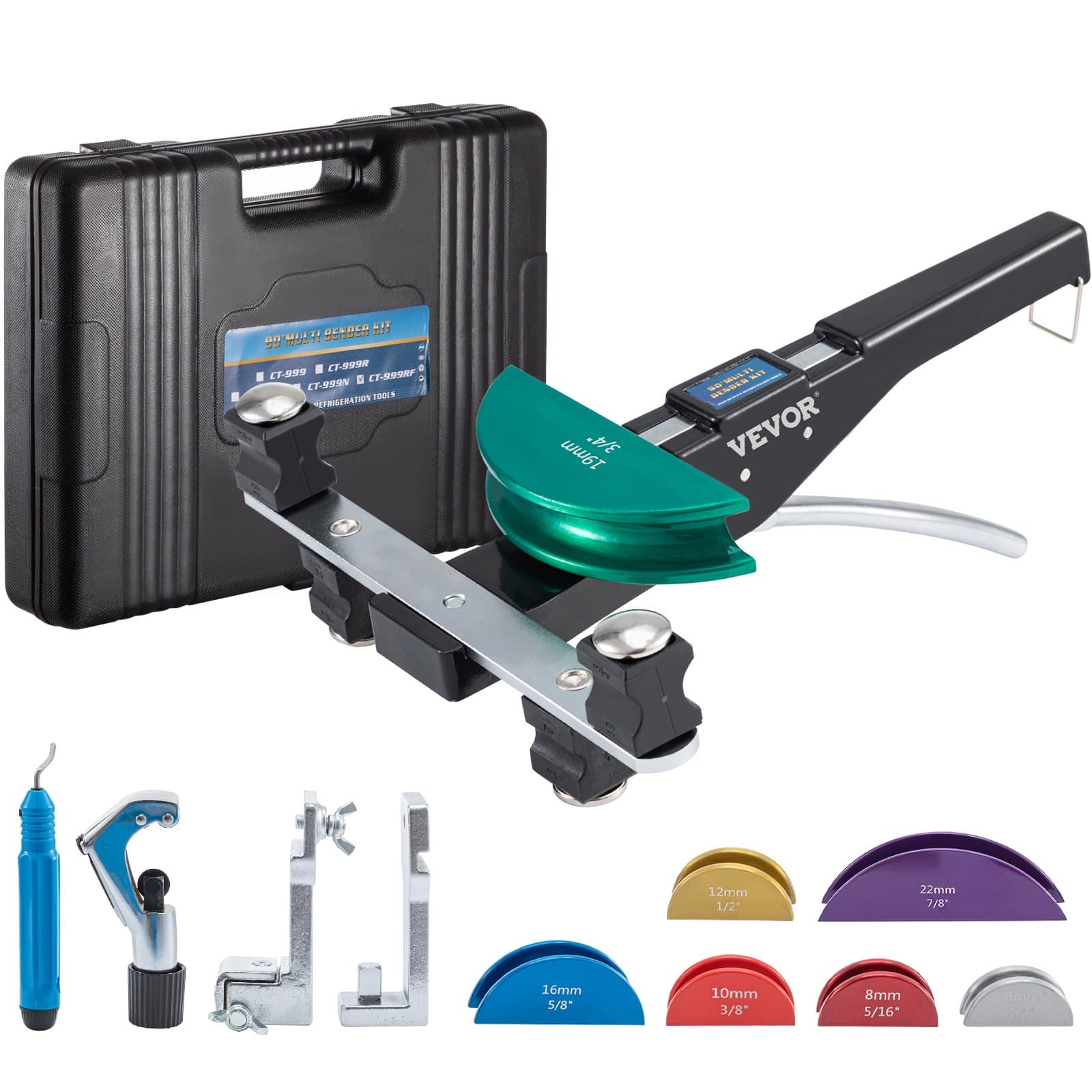 Ohýbačka měděných trubek, 7 barevných matric 1/4–7/8 palce, ohýbání vpřed i vzad o 90°, 6–22 mm, pro měděné a hliníkové trubky, s příslušenstvím pro zpětné ohýbání