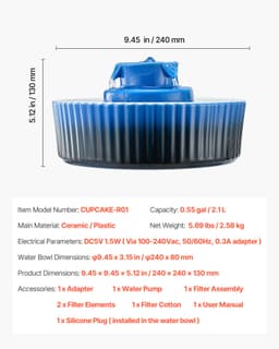 Keramická fontána pro kočky, Cupcake Pet 2,1 l, porcelánový dávkovač vody pro kočky s ultra tichým čerpadlem, 360° napájecí oblast a vícestupňový filtrační systém, pro kočky a psy (modrá) - miniatura 11
