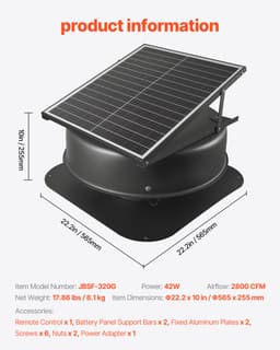 Odsavač na půdu, inteligentní solární střešní ventilátor 42 W s termostatem, dálkovým ovladačem, průtok vzduchu 2800 CFM, vestavěný bezkartáčový DC motor pro chlazení - miniatura 11