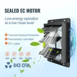 Žaluziový odsavač, 254 mm s regulátorem teploty a vlhkosti, motor EC, 843 CFM, nástěnný plynule regulovatelný ventilátor, pro montáž na půdu, ventilace a chlazení skleníků, garáží, kůlen - miniatura 8