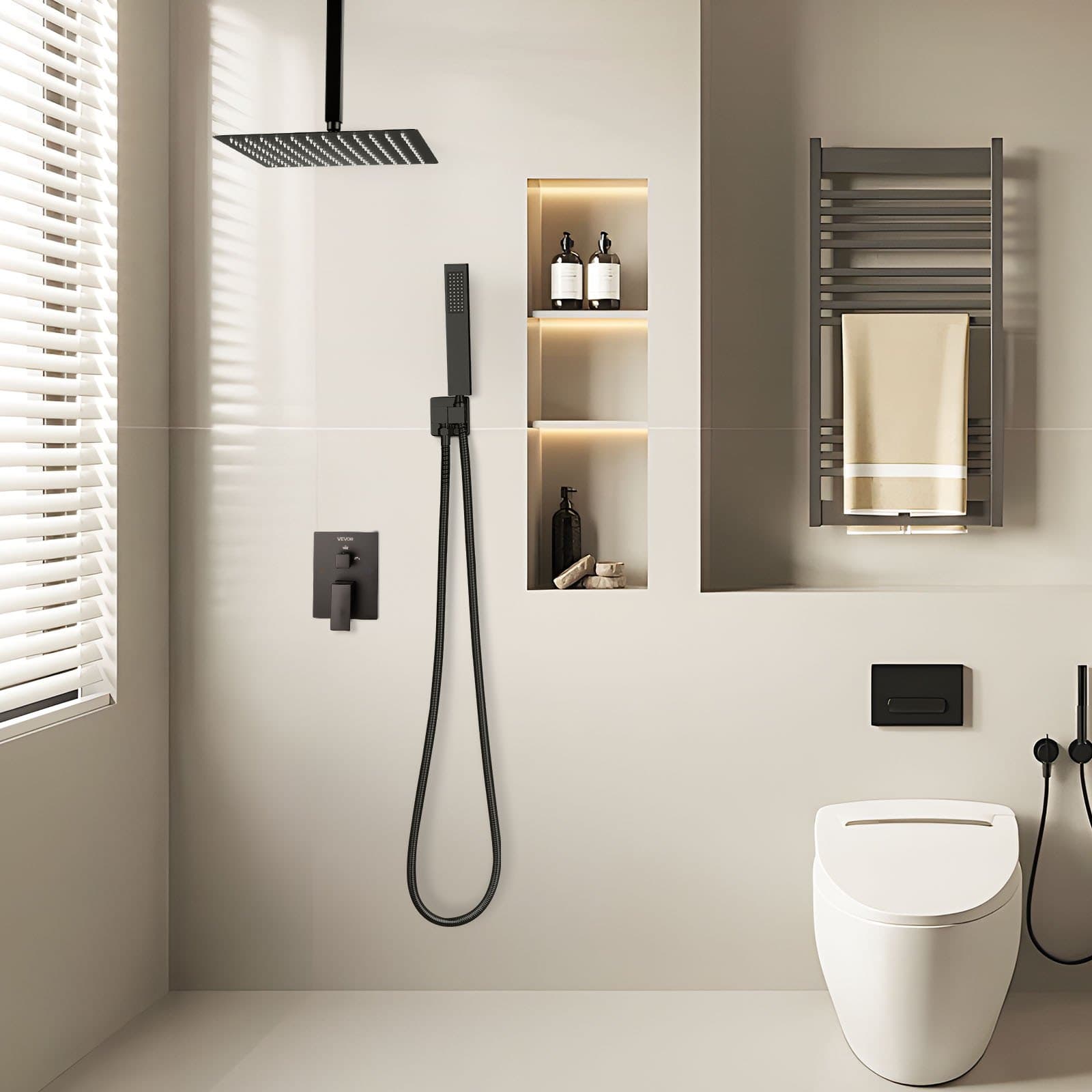 Sada sprchové baterie, sprchový systém s dešťovou hlavicí do koupelny se 10palcovou (25,4 cm) čtvercovou sprchovou hlavicí a ruční sprchou, stropní baterie pro vanu s mosazným ventilem a krytem, matná černá