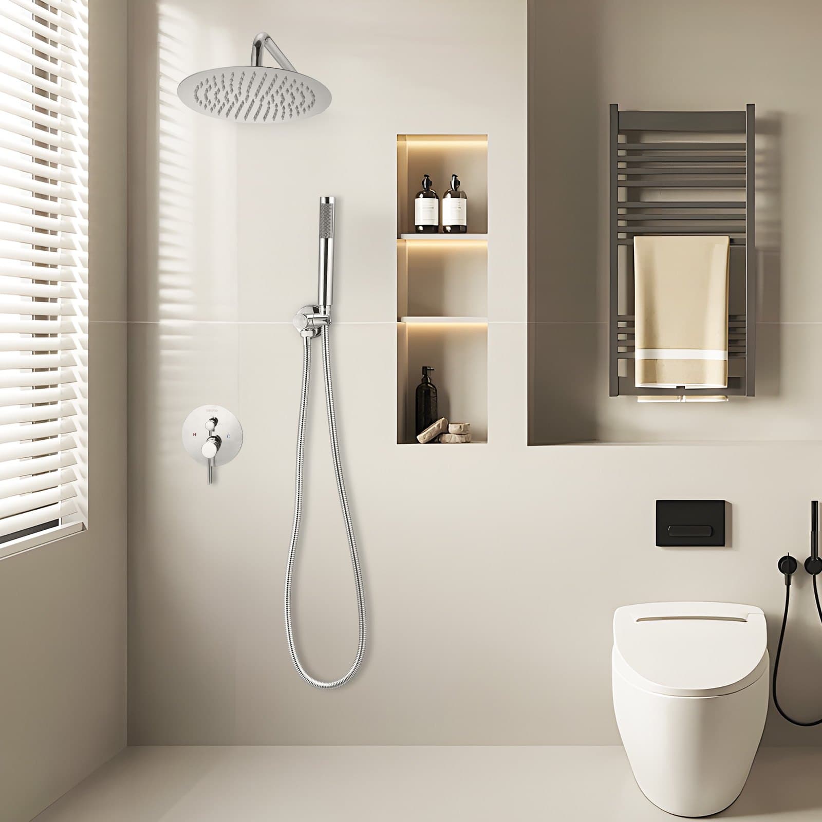 Sada sprchové baterie, sprchový systém s dešťovou hlavicí do koupelny s kulatou sprchovou hlavicí o průměru 10 palců (25,4 cm) a ruční sprchou, nástěnná baterie pro vanu s mosazným ventilem a krytem, chrom stříbrný