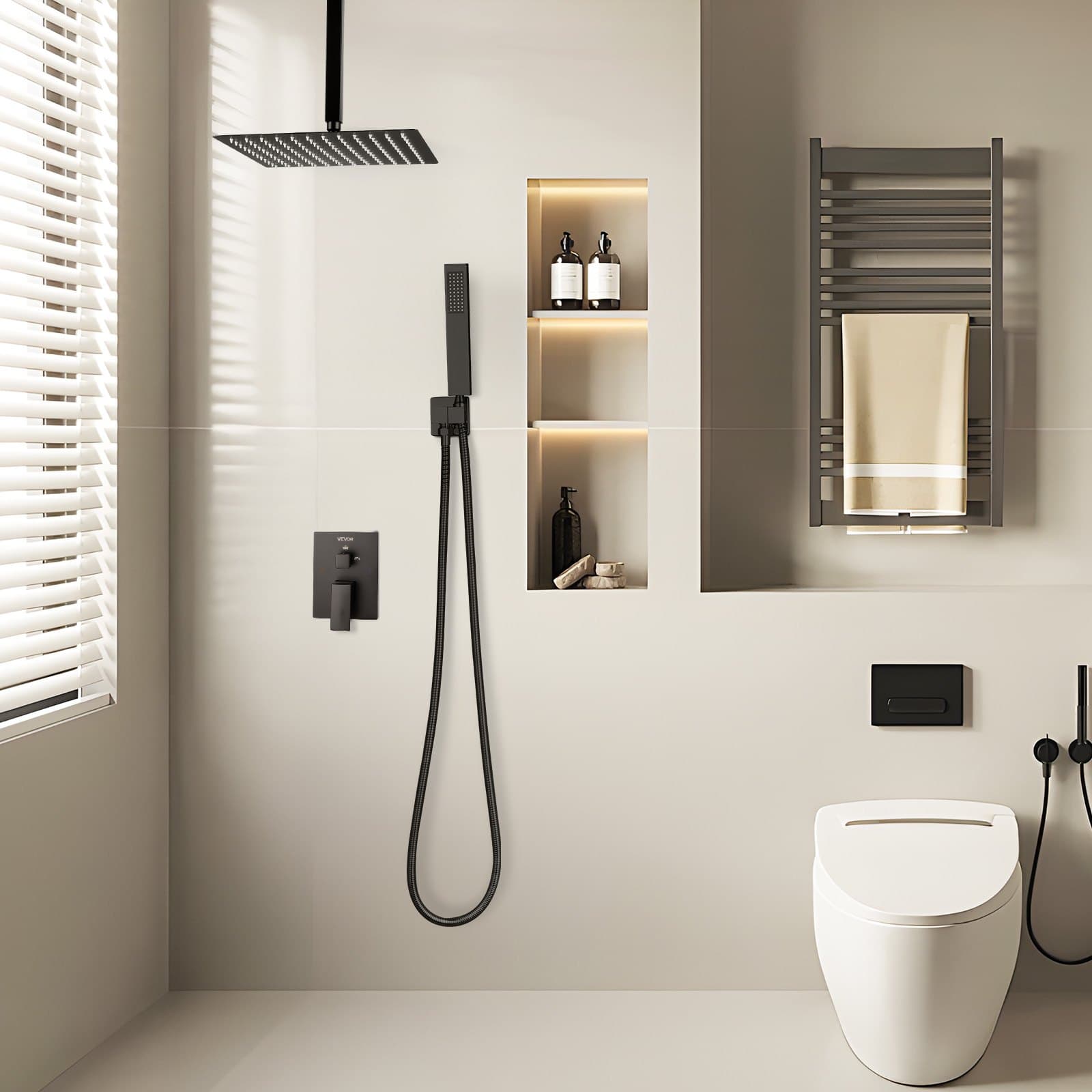 Sada sprchové baterie, stropní sprchový systém s dešťovou hlavicí do koupelny se 12palcovou (30,5 cm) čtvercovou hlavicí a ruční sprchou, stropní vanová baterie s mosazným ventilem a dokončovacím setem, matná černá