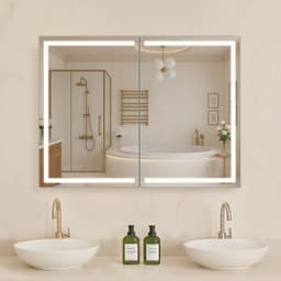 Osvětlená lékárnička se zrcadlem, 60 x 80 cm, nástěnná, tříbarevná stmívatelná LED lékárnička se zrcadlem HD, funkcí paměti nastavení, nastavitelnými policemi, zásuvkami a USB porty - miniatura 2