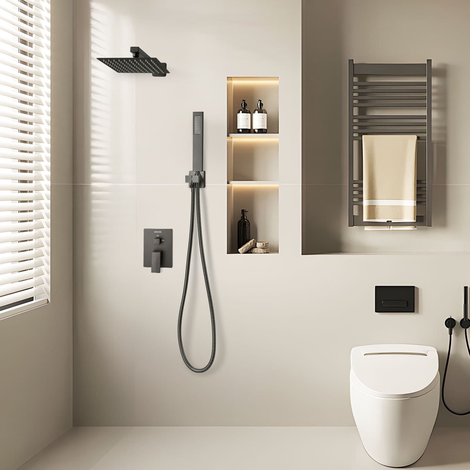 Sada sprchové baterie, sprchový systém s dešťovou hlavicí do koupelny s 8palcovou (20,3 cm) čtvercovou hlavicí a ruční sprchou, nástěnná vanová baterie s mosazným ventilem a dokončovacím setem, matná černá