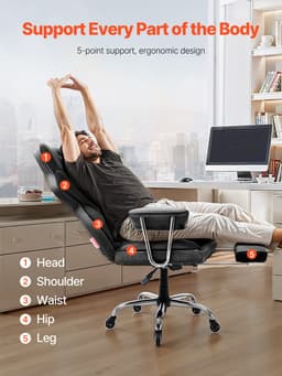 Kancelářské křeslo pro management, křeslo s vysokým opěradlem, podnožkou a odnímatelnými područkami, ergonomické kancelářské křeslo s vysoce odolnou pěnovou vložkou, otočné křeslo z PU kůže pro práci, studium a hry, černé - miniatura 6