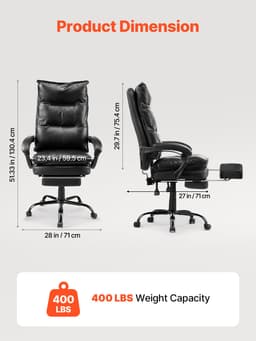 Kancelářské křeslo pro vedení, křeslo s vysokým opěradlem, opěrkou nohou a bederní polštářem, ergonomické křeslo s nastavením naklonění až do 135° a nastavitelnou výškou, otočné křeslo na kolečkách z PU kůže pro práci, studium a hraní, černé - miniatura 7
