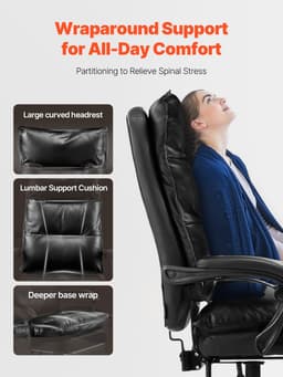 Kancelářské křeslo pro vedení, křeslo s vysokým opěradlem, opěrkou nohou a bederní polštářem, ergonomické křeslo s nastavením naklonění až do 135° a nastavitelnou výškou, otočné křeslo na kolečkách z PU kůže pro práci, studium a hraní, černé - miniatura 8