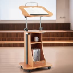 Podstavec pro notebook, 1100 mm, dřevěný řečnický pult, přenosný stůl pod notebook s aretovatelnými kolečky, širokou čtecí plochou a otevřeným úložným prostorem, nastavitelná výška a úhel, pro projevy, přednášky nebo prezentace - miniatura 1