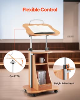 Podstavec pro notebook, 1100 mm, dřevěný řečnický pult, přenosný stůl pod notebook s aretovatelnými kolečky, širokou čtecí plochou a otevřeným úložným prostorem, nastavitelná výška a úhel, pro projevy, přednášky nebo prezentace - miniatura 7
