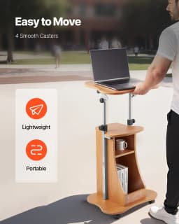 Podstavec pro notebook, 1100 mm, dřevěný řečnický pult, přenosný stůl pod notebook s aretovatelnými kolečky, širokou čtecí plochou a otevřeným úložným prostorem, nastavitelná výška a úhel, pro projevy, přednášky nebo prezentace - miniatura 10