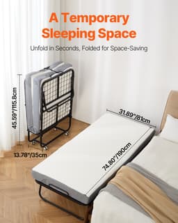 Skládací postel, 31 x 75 palců, 4palcová matrace, skládací jednolůžko s pevnou kovovou konstrukcí a matrací z paměťové pěny, přenosná jednolůžková postel s matrací pro dospělé, pro hosty - miniatura 6