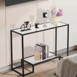Dvouúrovňový skleněný konzolový stolek, moderní obdélníkový odkládací stolek k sedačce s deskou z tvrzeného skla a železnými nohami, zlatý konzolový stolek s ochranou proti převrácení do obývacího pokoje, předsíně, haly, černý - miniatura 1