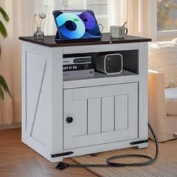 Noční stolek ve venkovském stylu, čtvercový noční stolek s porty a USB zásuvkami, tříúrovňový odkládací stolek s úložným prostorem, ideální do obývacího pokoje, ložnice, kanceláře, bílý - miniatura 1