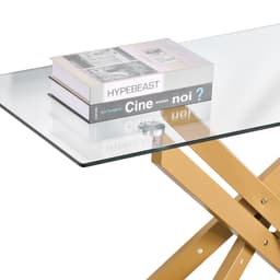 Skleněný konferenční stolek, moderní obdélníkový odkládací stolek za pohovku s deskou z tvrzeného skla a křížovými železnými nohami, zlatý geometrický konzolový stolek s nastavitelnými protiskluzovými nožkami do obýváku, předsíně, haly - miniatura 4