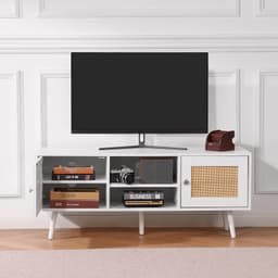 Ratanový TV stojan, boho skříňka pod televizi pro 55palcové televize, televizní konzole v mid-century modern stylu, ratanová televizní konzole s nastavitelnými policemi do obýváku, multimediálního pokoje, bílá - miniatura 1