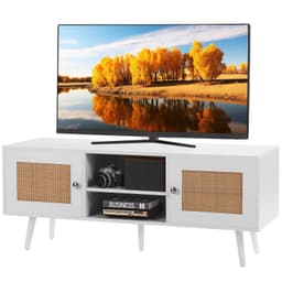 Ratanový TV stojan, boho skříňka pod televizi pro 55palcové televize, televizní konzole v mid-century modern stylu, ratanová televizní konzole s nastavitelnými policemi do obýváku, multimediálního pokoje, bílá - miniatura 2