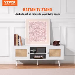 Ratanový TV stojan, boho skříňka pod televizi pro 55palcové televize, televizní konzole v mid-century modern stylu, ratanová televizní konzole s nastavitelnými policemi do obýváku, multimediálního pokoje, bílá - miniatura 6
