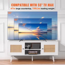 Ratanový TV stojan, boho skříňka pod televizi pro 55palcové televize, televizní konzole v mid-century modern stylu, ratanová televizní konzole s nastavitelnými policemi do obýváku, multimediálního pokoje, bílá - miniatura 7