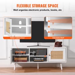 Ratanový TV stojan, boho skříňka pod televizi pro 55palcové televize, televizní konzole v mid-century modern stylu, ratanová televizní konzole s nastavitelnými policemi do obýváku, multimediálního pokoje, bílá - miniatura 8