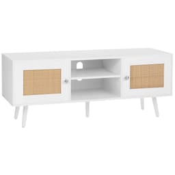 Ratanový TV stojan, boho skříňka pod televizi pro 55palcové televize, televizní konzole v mid-century modern stylu, ratanová televizní konzole s nastavitelnými policemi do obýváku, multimediálního pokoje, bílá - miniatura 12