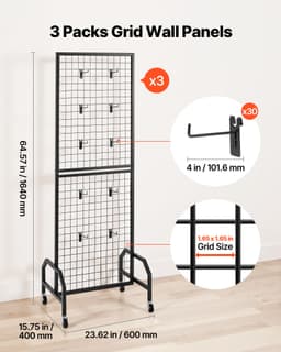 3 balení stěnových panelů z drátěné mříže, 600 x 1640 mm, výstavní stojan, pohyblivá výstavní polička s kolečky a 30 háčky, černá mřížová stěna z uhlíkové oceli pro vystavení řemesel, dekorací, úložení, nástěnka - miniatura 6