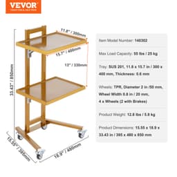 Nerezové laboratorní vozíky se 2 úrovněmi, laboratorní vozík se 2 podnosy, mobilní lékařský vozík se 4 tichými kolečky, pojízdný laboratorní vozík pro laboratoř, kliniku, nemocnici, salon, zlatý - miniatura 11
