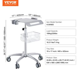 Lékařský vozík, salónní vozík s kolečky, mobilní vozík 680–1090 mm s nastavitelnou výškou, kovová kadeřnická stanoviště, mobilní stolní laboratorní vozík pro kliniku, kosmetický salon a kosmetické studio - miniatura 11