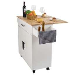 Kuchyňský vozík s ostrůvkem a deskou z masivního dřeva, šířka 90 cm, mobilní vozík se skříňkou na uskladnění, kuchyňský stůl na kolečkách s policí na koření, věšákem na utěrky, sklápěcí deskou a zásuvkou, přenosný ostrůvek na kolečkách, bílá barva - miniatura 3
