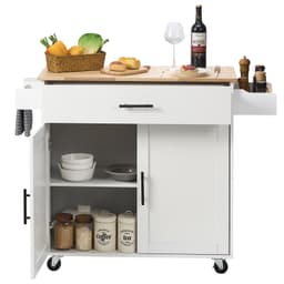 Kuchyňský vozík s ostrůvkem a deskou z masivního dřeva, šířka 90 cm, mobilní vozík se skříňkou na uskladnění, kuchyňský stůl na kolečkách s policí na koření, věšákem na utěrky, sklápěcí deskou a zásuvkou, přenosný ostrůvek na kolečkách, bílá barva - miniatura 4