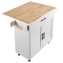 Kuchyňský vozík s ostrůvkem a deskou z masivního dřeva, šířka 90 cm, mobilní vozík se skříňkou na uskladnění, kuchyňský stůl na kolečkách s policí na koření, věšákem na utěrky, sklápěcí deskou a zásuvkou, přenosný ostrůvek na kolečkách, bílá barva - miniatura 12
