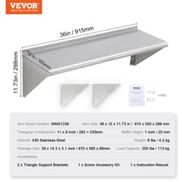 Nerezová police 30,5 x 91,4 cm, závěsná nástěnná police s konzolami, nosnost 113,4 kg, komerční regál, odolný skladový regál pro restaurace, kuchyně, bary, domov a hotel - miniatura 11