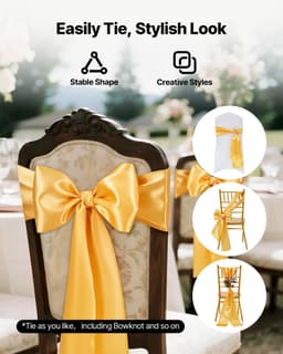 Saténové stuhy na židle, mašle, 50 ks stuh na židle, zadní stuhy, 7 x 108 palců, zlatá svatební dekorace, pro svatební obřad, baby shower, oslavy, banket, dekorace židlí - miniatura 8