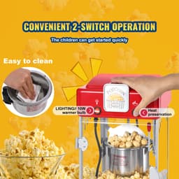 Popcornovač 300 W, kotlík 2,5 uncí, vyrobí 4 kvarty na dávku, stolní popcornovač s PP dvířky, obsahuje 2 ovládací knoflíky a tác, v kinovém stylu, červený - miniatura 9